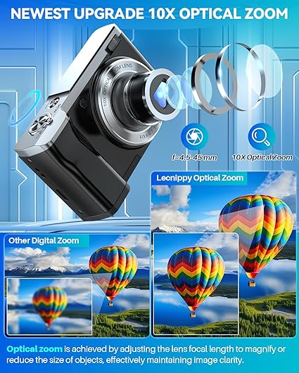 Digital Camera,5K 56MP Cameras for Photography Autofocus,Vlogging Compact Camera with Front and Rear Camera,10X Optical Zoom,6-Axis Anti-Shake,Touch Screen with 64GB SD Card,2 Batteries